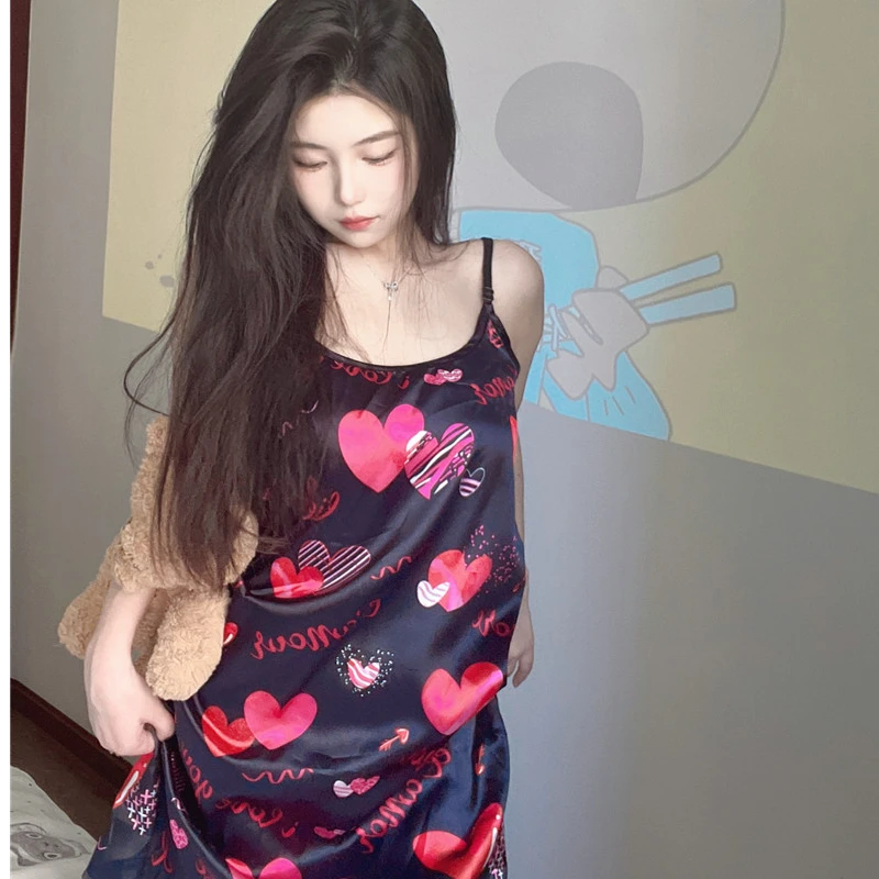 New High Quality Summer Ice Silk Women Cute Sling Dress Casual Sleeveless Night Dress Slips Under Dress Sexy Ladies Pajamas