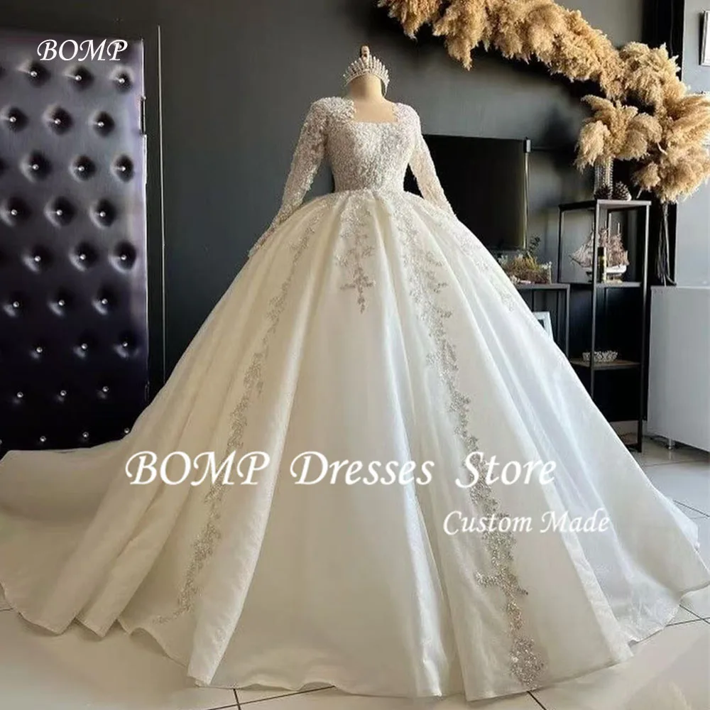 Bomp princesa vestidos de baile vestidos de casamento rendas apliques mangas compridas vestidos de noiva de luxo tribunal trem vestidos de noiva personalizado