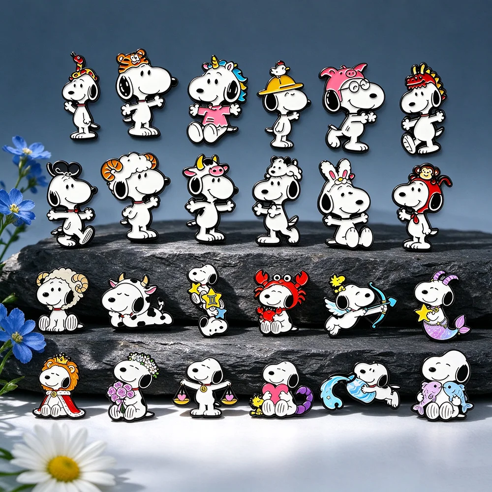 12/24Pcs Cartoon Snoopy Dog Enamel Brooches 12 Zodiac 12 Constellations Lapel Pins, Cute Metal Badges Collectible Jewelry Gift