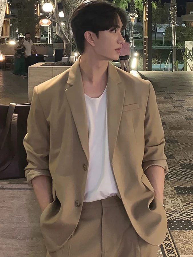 Khaki Shoulder Padded Men's Suit Set Casual Iron-Free Two-Piece Ensemble Standard Fit Long Sleeve Flat Collar Trendy Youthwear