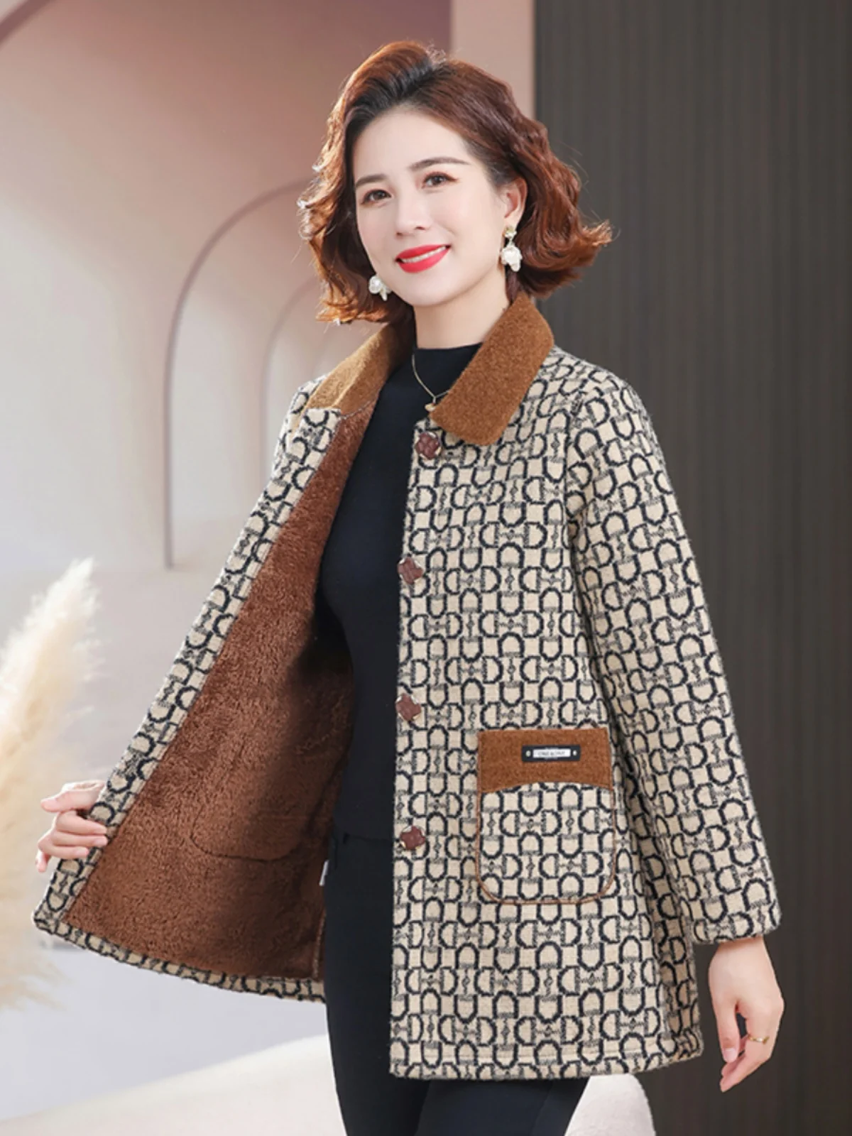 Abrigo de lana con forro de lana uesa para mamá, moda de invierno, longitud media, talla ande, chaqueta para mujer, abrig...