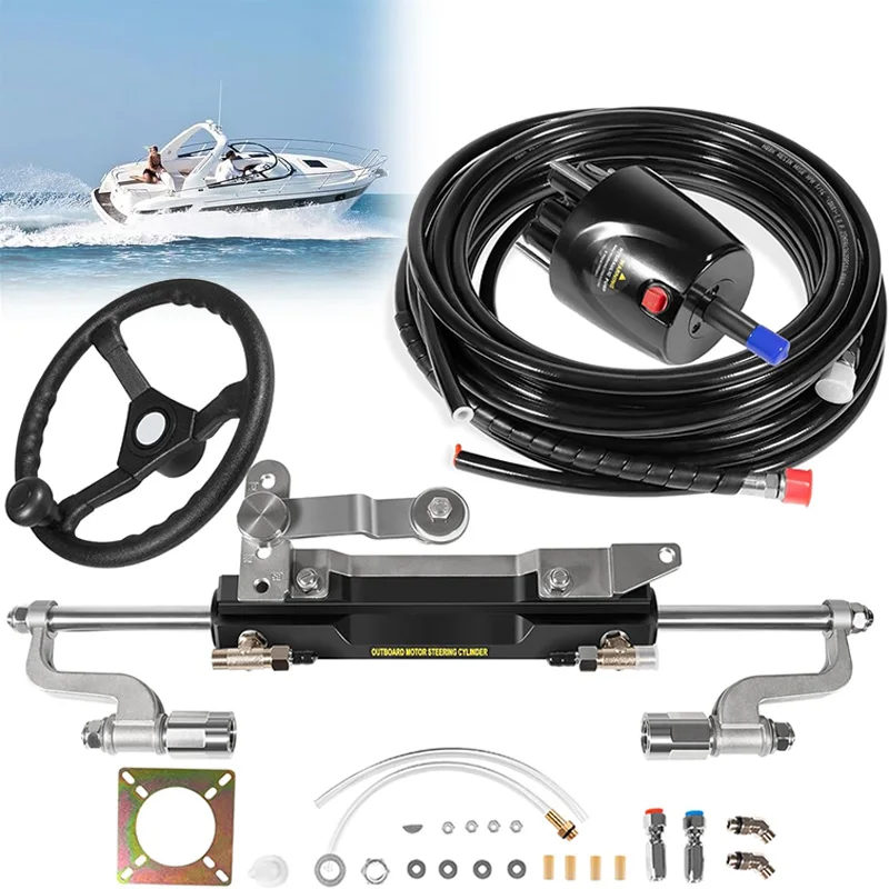 Hydraulic Steering Kit for Boats Up to 300HP, 13” Steering Wheel,Cylinder,26.8FT Hose,for Outboard Engines Yamaha/Mercury/Honda