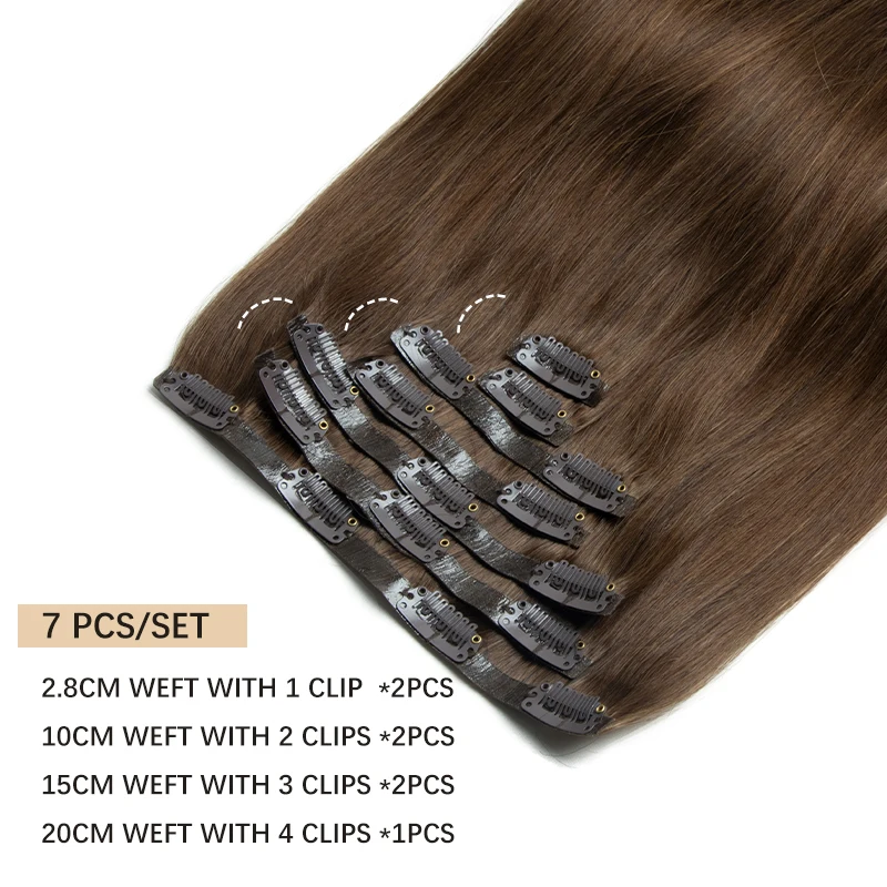 # 4 براون حقن بو سلس كليب على الشعر مشبك غير مرئي Ins آلة الشعر البشري ريمي 7 قطعة 100-120 جرام 24 بوصة مقاطع الشعر غير مرئية