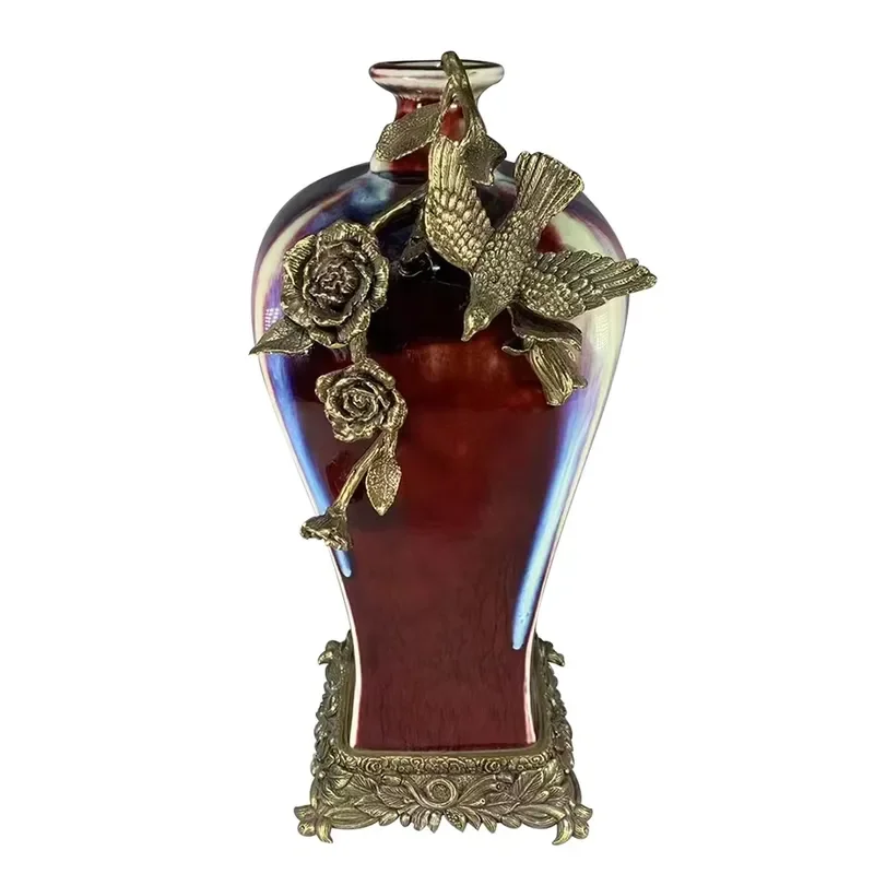 Super Quality Chinese Lang Hong Porcelain Vase Art Deco Style Tabletop Decorative Vase with Brass Flower