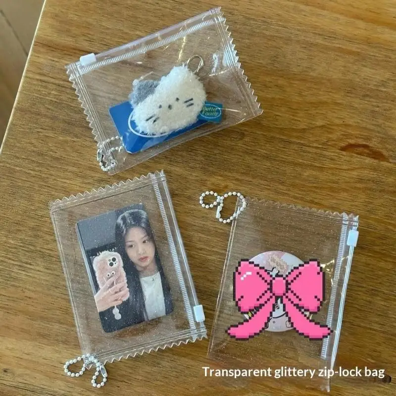 5-10Pcs Glitter Clear Photocard Holder Zipper Bead Chain For Kpop Card Collection Instax Storage
