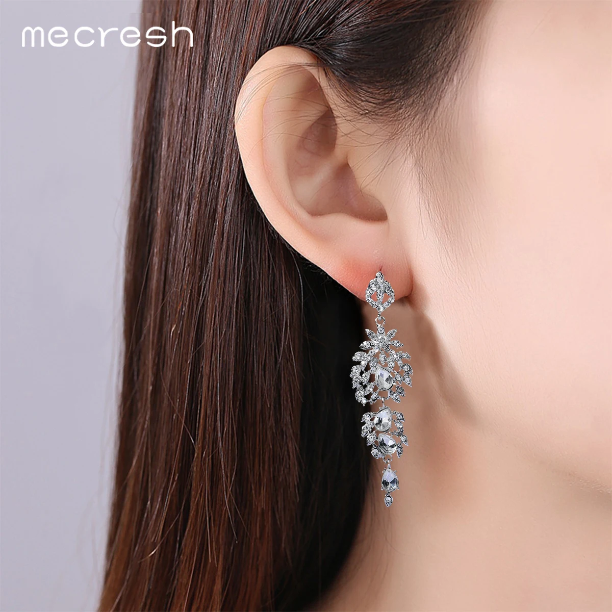 

Mecresh Silver Color Crystal Wedding Drop Earrings for Women Korean Fashion Rhinestone Bridal Long Earrings 2022 Jewelry EH2002