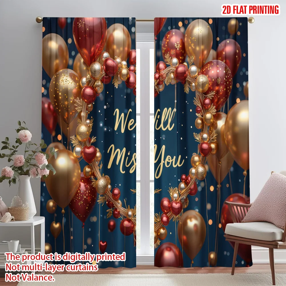 

2D flat printing 2pcs Curtain Farewell Heart Balloon Celebration Digital Printed Polyester Drapes Holiday Decorations Perfect