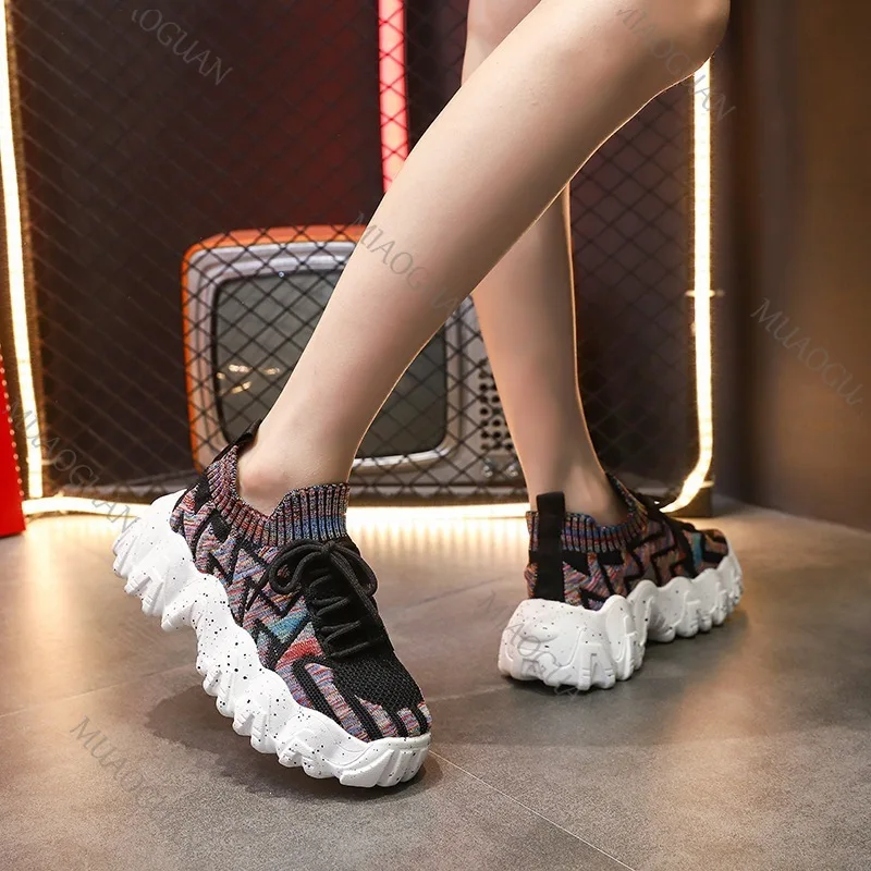 Women Chunky Sneakers Breathable Knitting Thick Bottom Anti-slip Slip-on Loafers Comfort Running Sports Shoes Ladies Footwears view 4