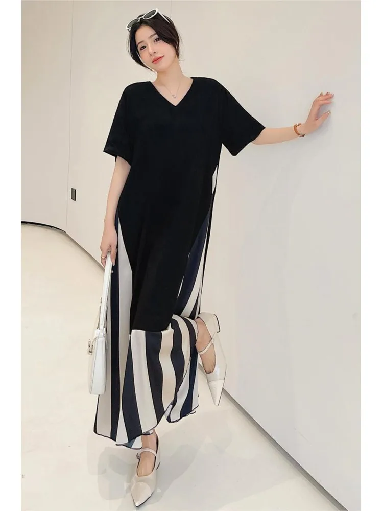 Falso de duas peças verão novo longo acetato cetim listra com decote em v vestido de manga curta maxi tamanho roupas moda vestido feminino