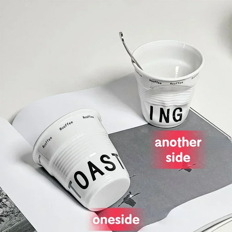 200ml Nordic irregular Cups Coffee Mug White Ceramic Wrinkle Cup Drinking Coffe Tumbler English Letter