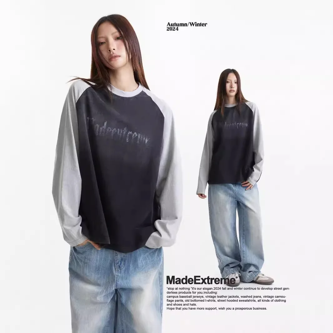 MADEEXTREME 280g Vintage Washed Alphabet Printed Crew Neck Loose Shoulder Sleeve Long Sleeve T-Shirt