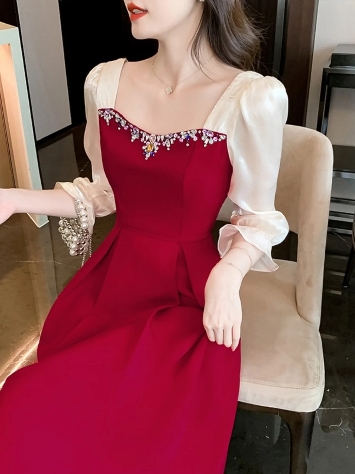 Wine Red Evening Dress French Square Collar Crystal Sequin Engagement Dresses Sweet Puff Long sleeve A-Line Formal Dress