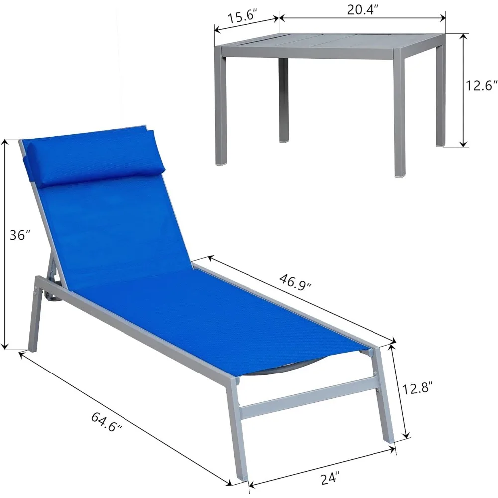 Outdoor Chaise, Classic Pool Lounge Chairs with 5 Adjustable Posation, Headrest and Table, Outdoors Garden Lounger