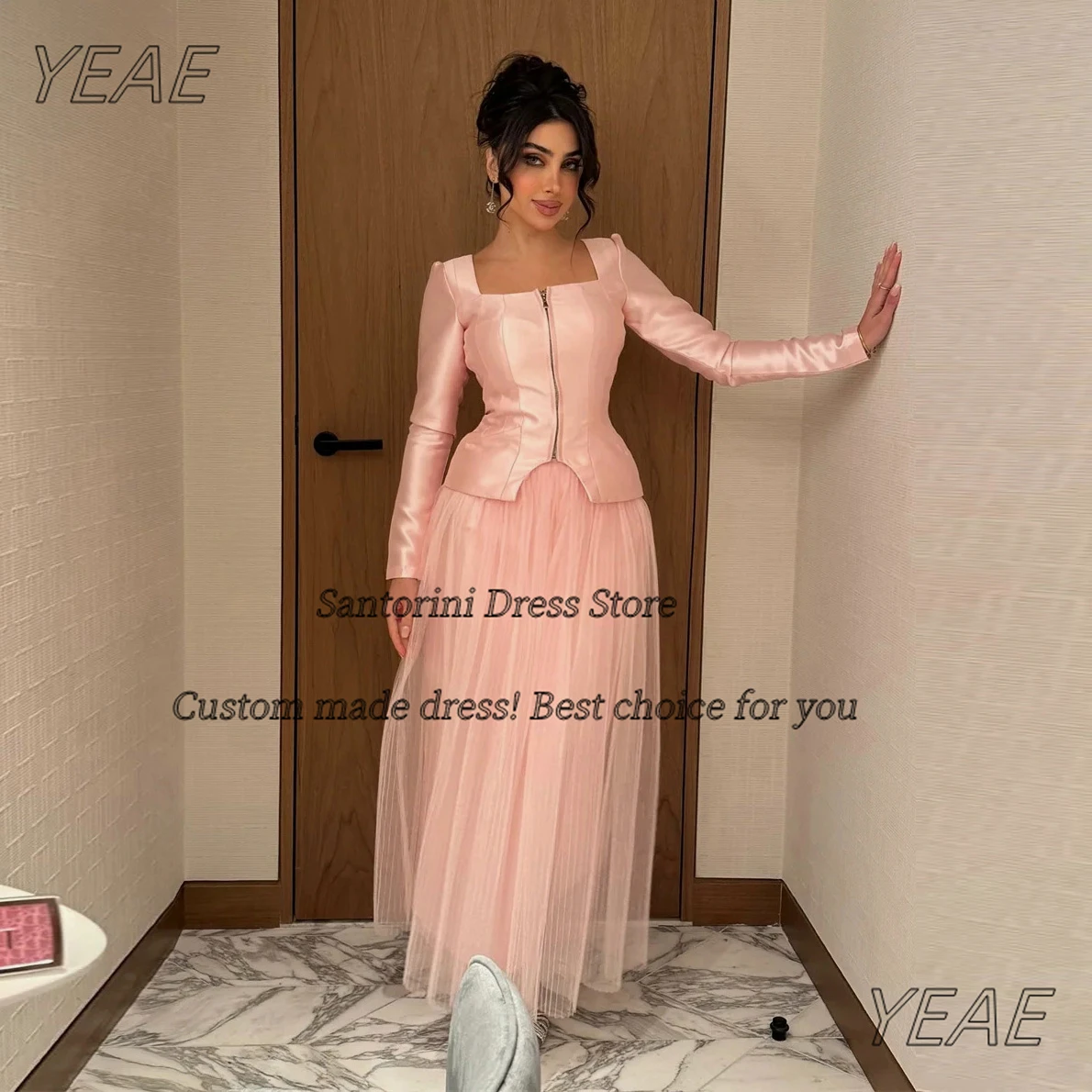 

Santorini Customized Two Pieces Evening Dresses Front Zipper Long Sleeves Prom Dress Pleats Tulle Formal Party Gowns