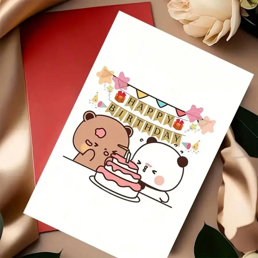 Cute DuDu Bear And BuBu Panda Celebrating 2025, Perfect For Family, Friends, Colleagues - Festive Design With Balloons, Flowers, And Cake, Charming Illustration, Vibrant Greeting Card Gifts Mother's Day view 5