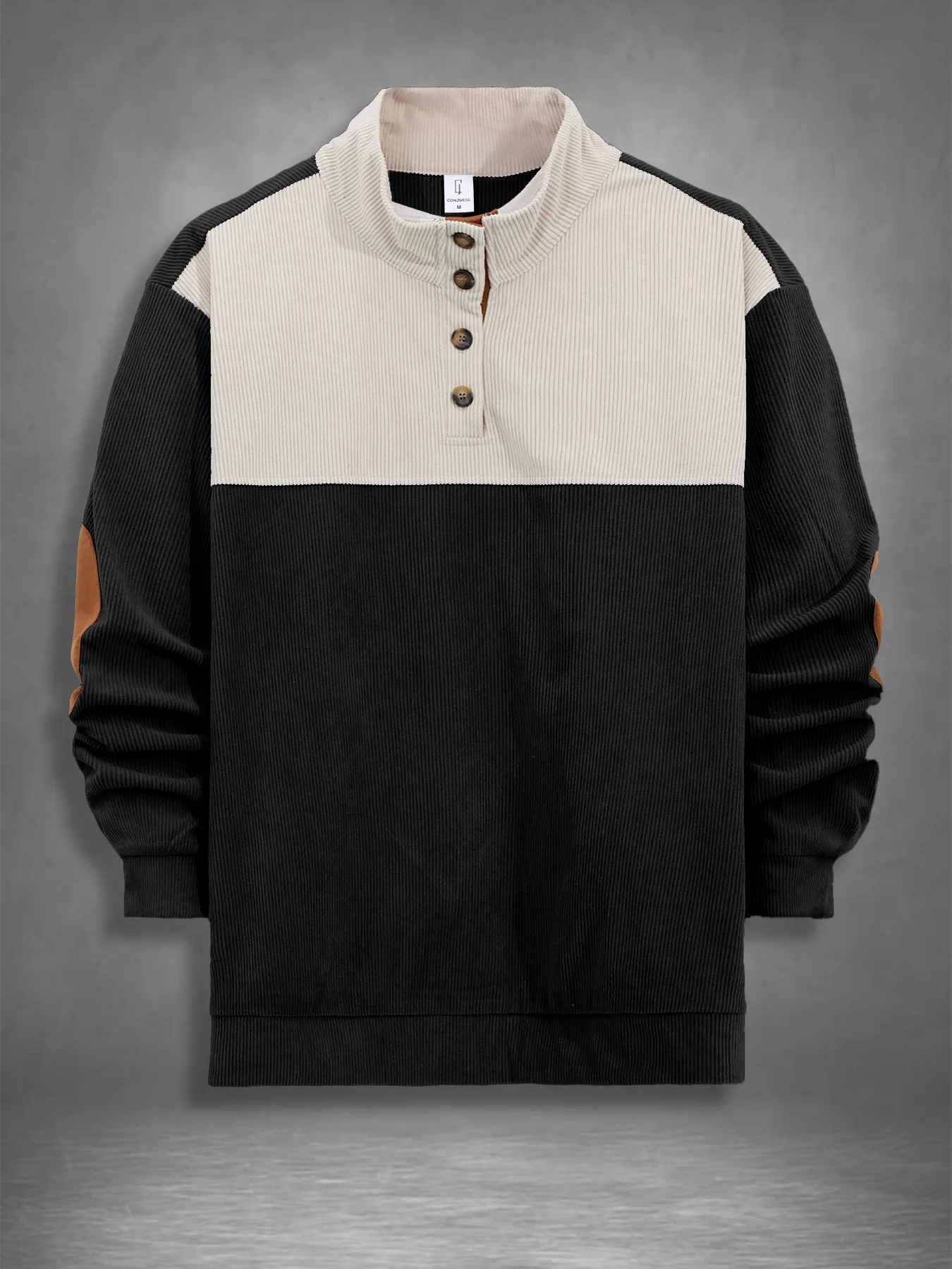 Men's Spring and Autumn Color-Block Corduroy Half-Open Collar Long-Sleeve Top, Off-White and Black with Brown Patchwork at the Elbows, Henley Collar, Breathable and Loose-Fitting Casual Sweatshirt for Young and Middle-Aged Men, Suitable for Both Inner and Outer Wear