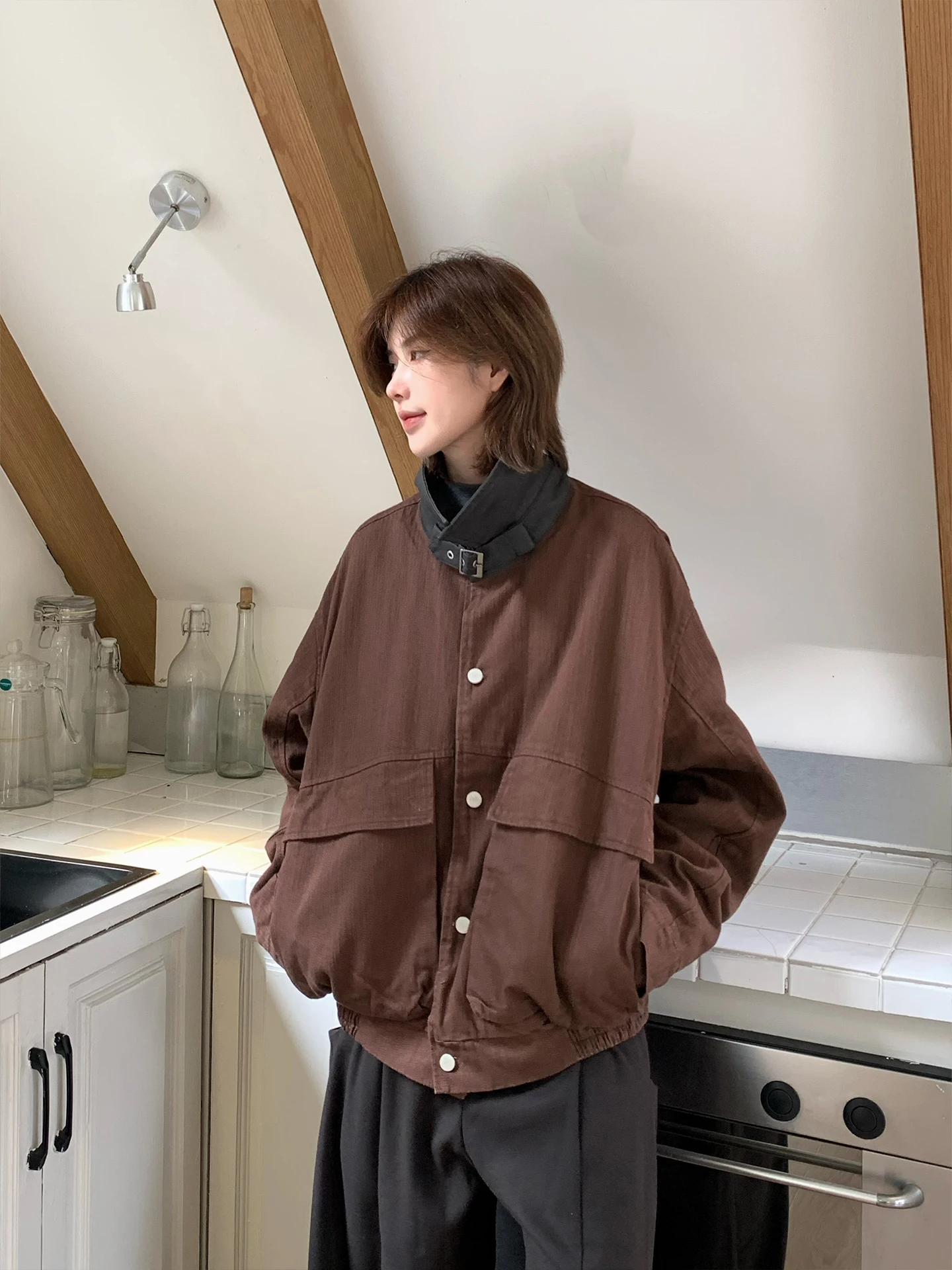 유니섹스 루즈핏 워크웨어 자켓 (큰 포켓, 배색 칼라, 캐주얼 빈티지 스타일, 코튼 소재, 긴팔, 청소년용)