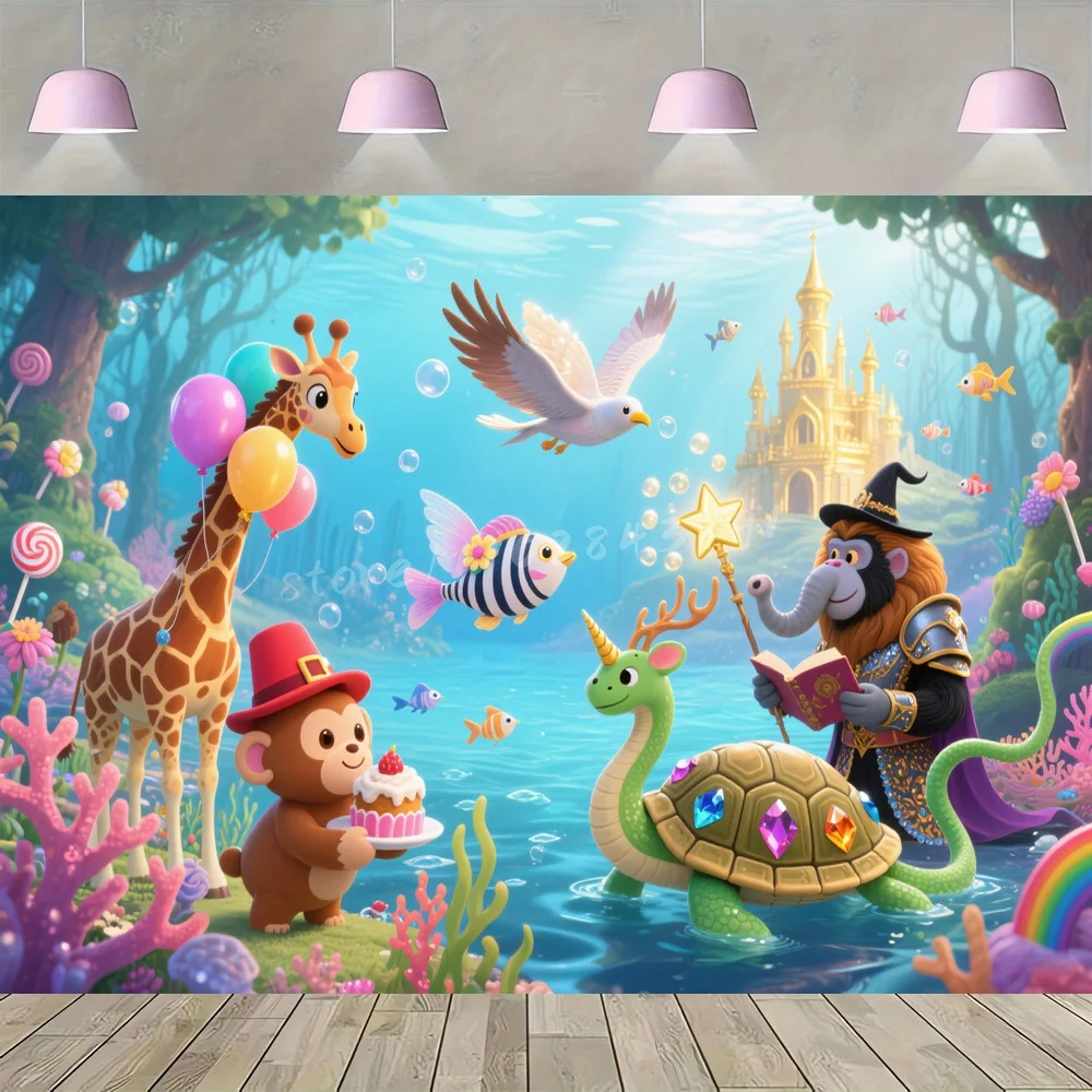 

Magical Underwater Monkey Vinyl Backdrop Blowing Bubbles Colorful Giraffe Turtle Pink Mushroom Birthday Party Background Coral