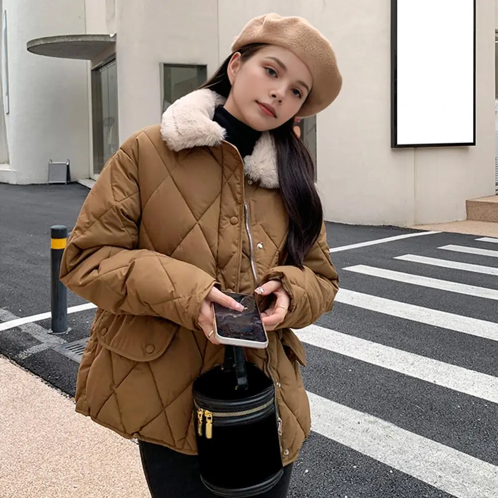 Women Winter Cotton Coat Plush Turn-down Collar Windproof Long Sleeves Jacket Thickened Padded Single-breasted Overcoat