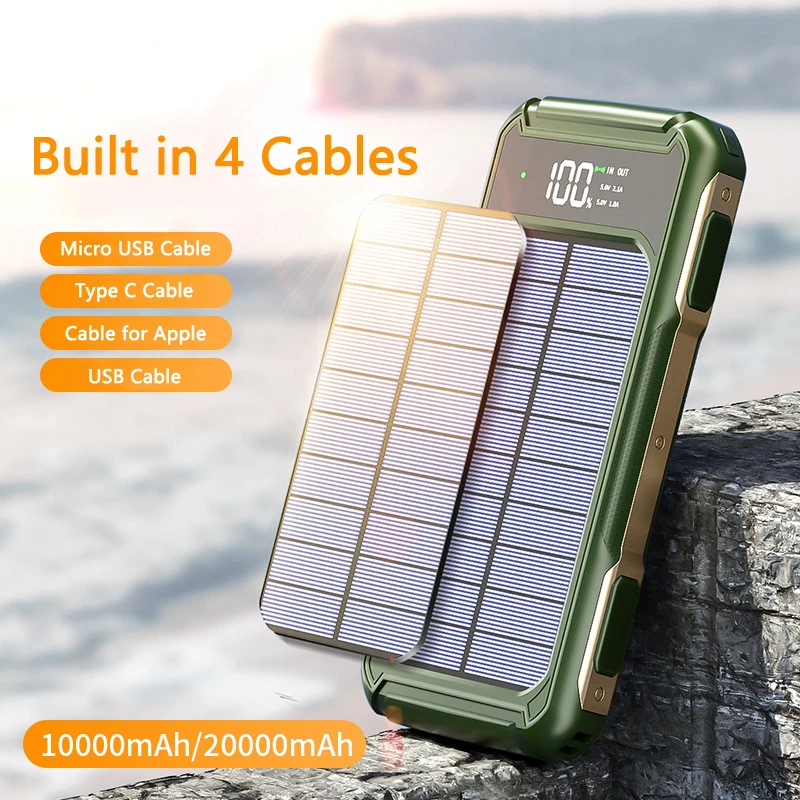 Bancos de energia solar portáteis de carga rápida com luz de cabo 20000mAh Powerbank para iPhone 15 Samsung S22 Xiaomi Bateria de telefone móvel