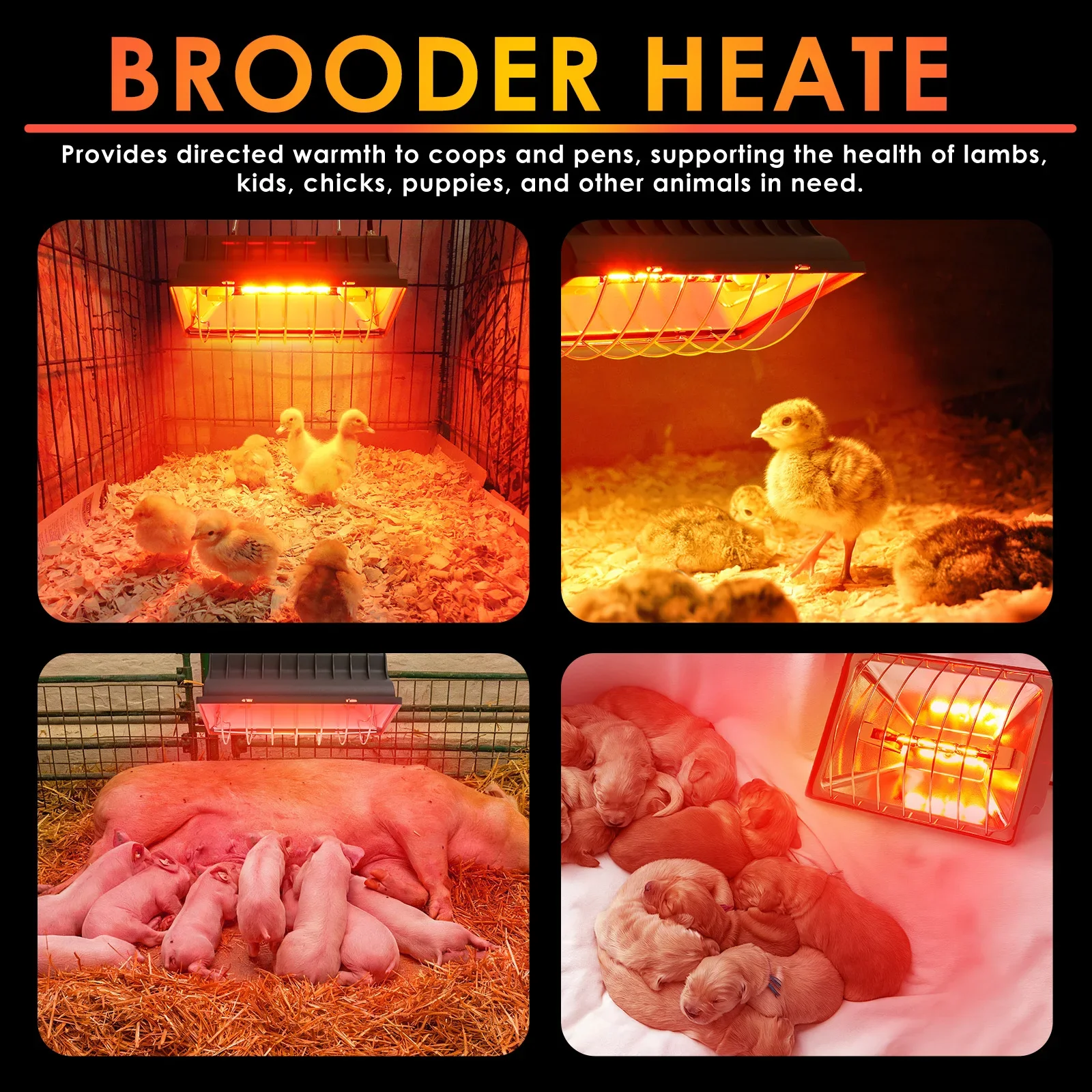 250W Heater Lamp for Chicken Coop Adjustment Hanging Brooder Heater with Infrared Heat Lamp Tube for Lamb Pig Chick Duck Poultry