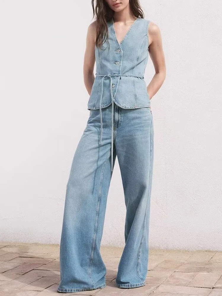 

Summer New Arrival Women's Faion High Waist Wide Leg Jeans Simple Design Versatile High Waist Denim Vest Loose Fit Jeans