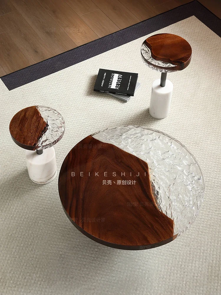 Walnut Solid Wood Round Coffee Table Acrylic Material Minimalist Living Room Art Natural Marble Round Coffee Table