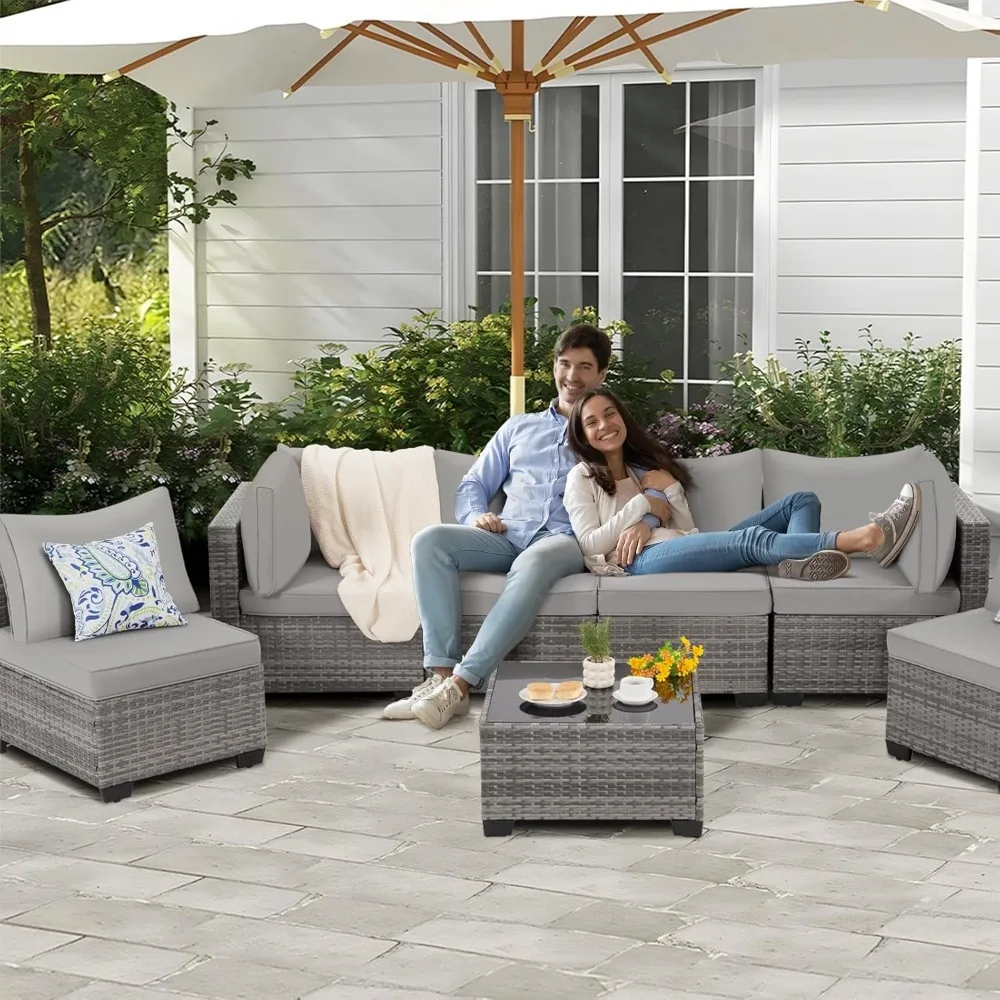 7 Pieces Outdoor Patio Furniture Set, Wicker Sectional Sofa Set Rattan Modular Patio Conversation Sets with Cushions Couch Set