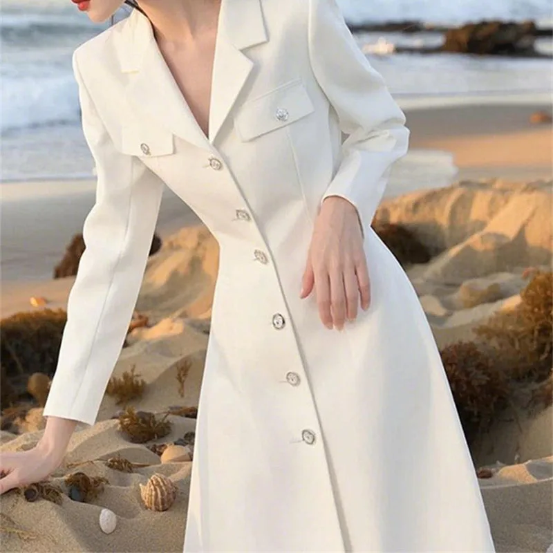 2025 New Elegant White Dress Fashion Spring Autumn Women's Single Breasted Slim Shirt Dresses Korean Women Receive High Praise