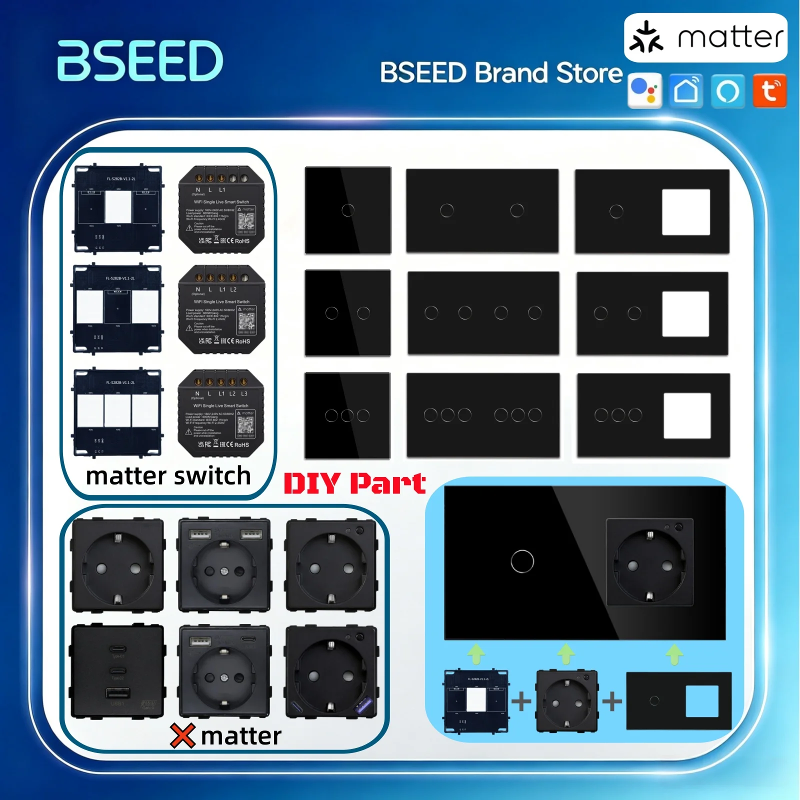 BSEED 1/2/3-Gang Matter Touch-Schaltermodul, Smart-Lichtschalter, Tuya Smart Life APP, EU-Steckdosen, Glaspanel-Kombination