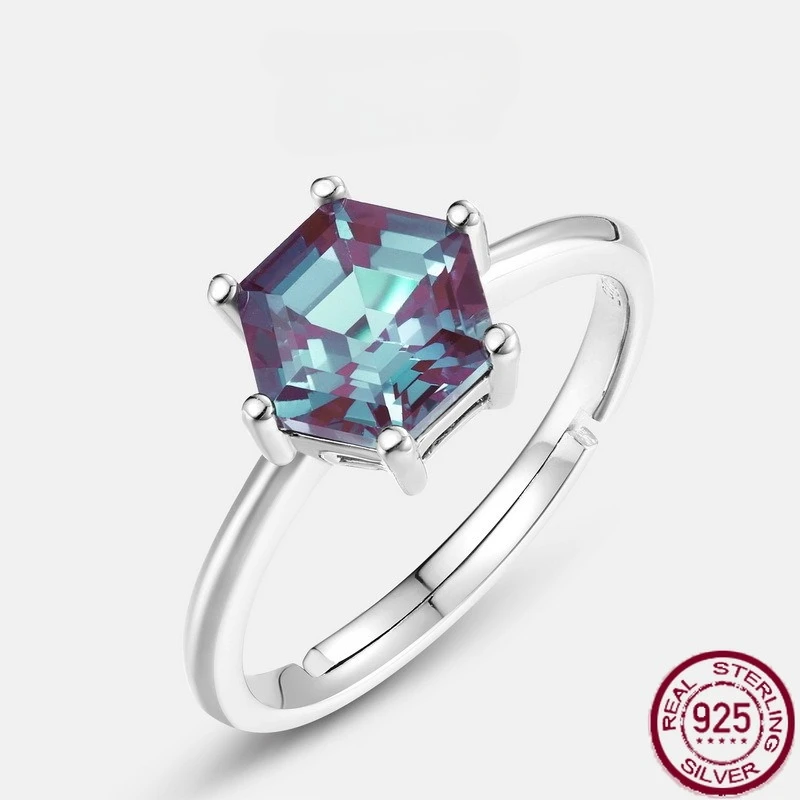 

New S925 pure silver minimalist geometric Alexandrite set with dual color gemstone finger ring, wedding jewelry