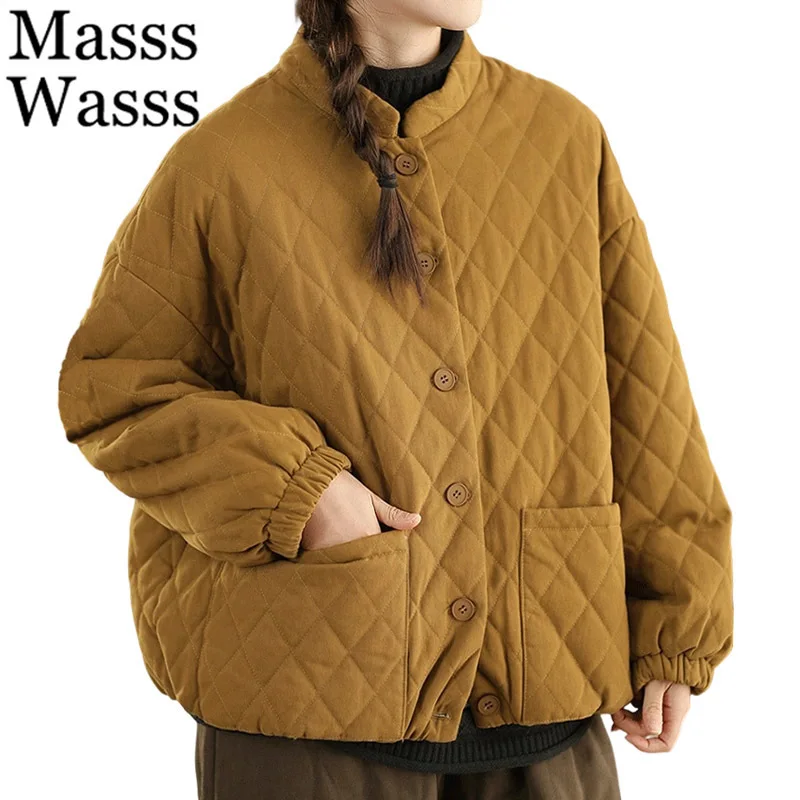 سترات نسائية شتوية كورية منقوشة من Mass Wass سترات مبطنة فضفاضة ودافئة ملابس خارجية كلاسيكية للترفيه معاطف عتيقة