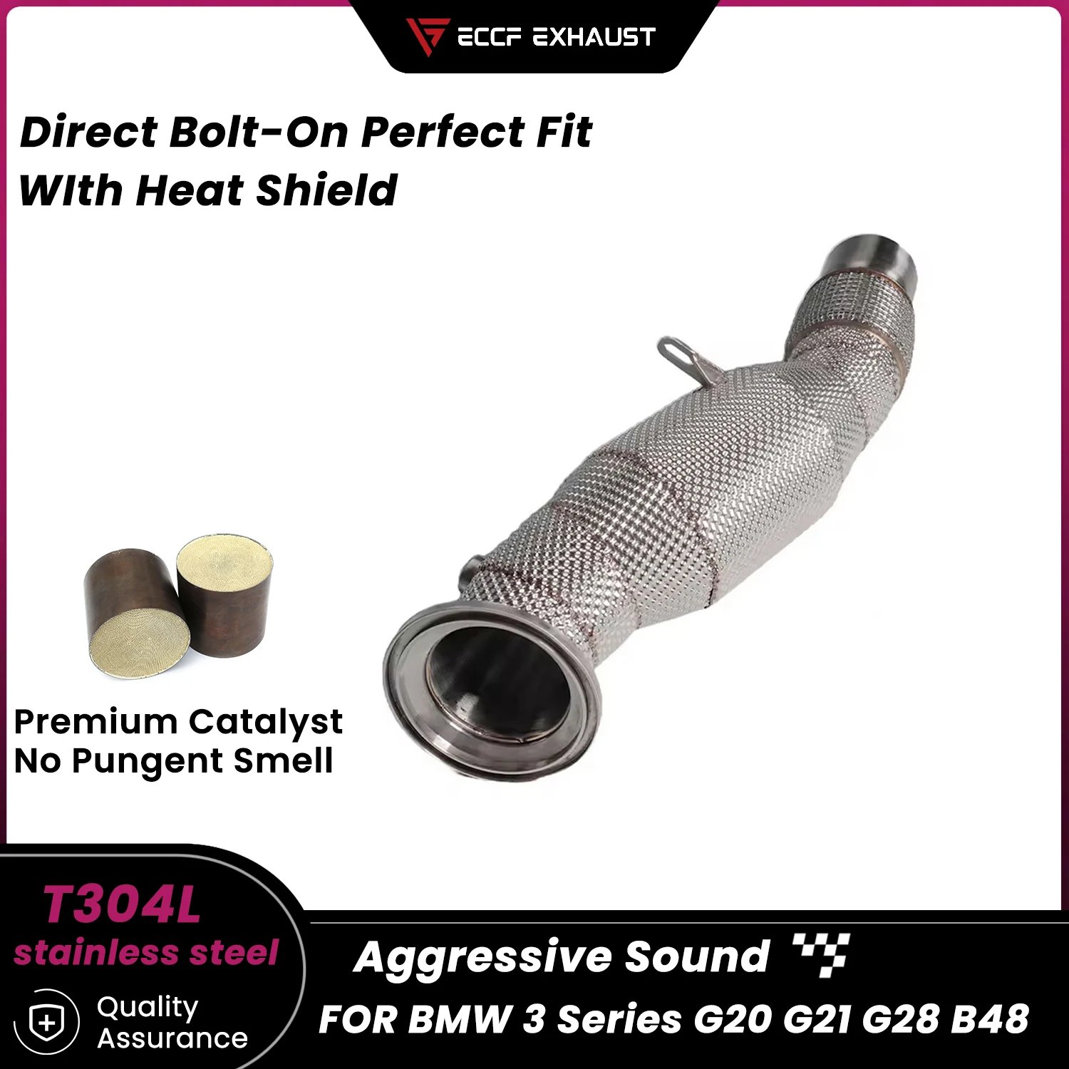 

Sporty Downpipe With Heat Shield For BMW 3 Series G20 G21 G28 B48 Aggressive Exhaust Sound High Flow Easy Installation