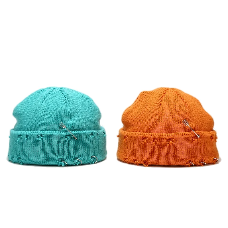 New style iron ring pin perforated wool knit hat men and women street hip-hop melon skin hat trendy landlord hat