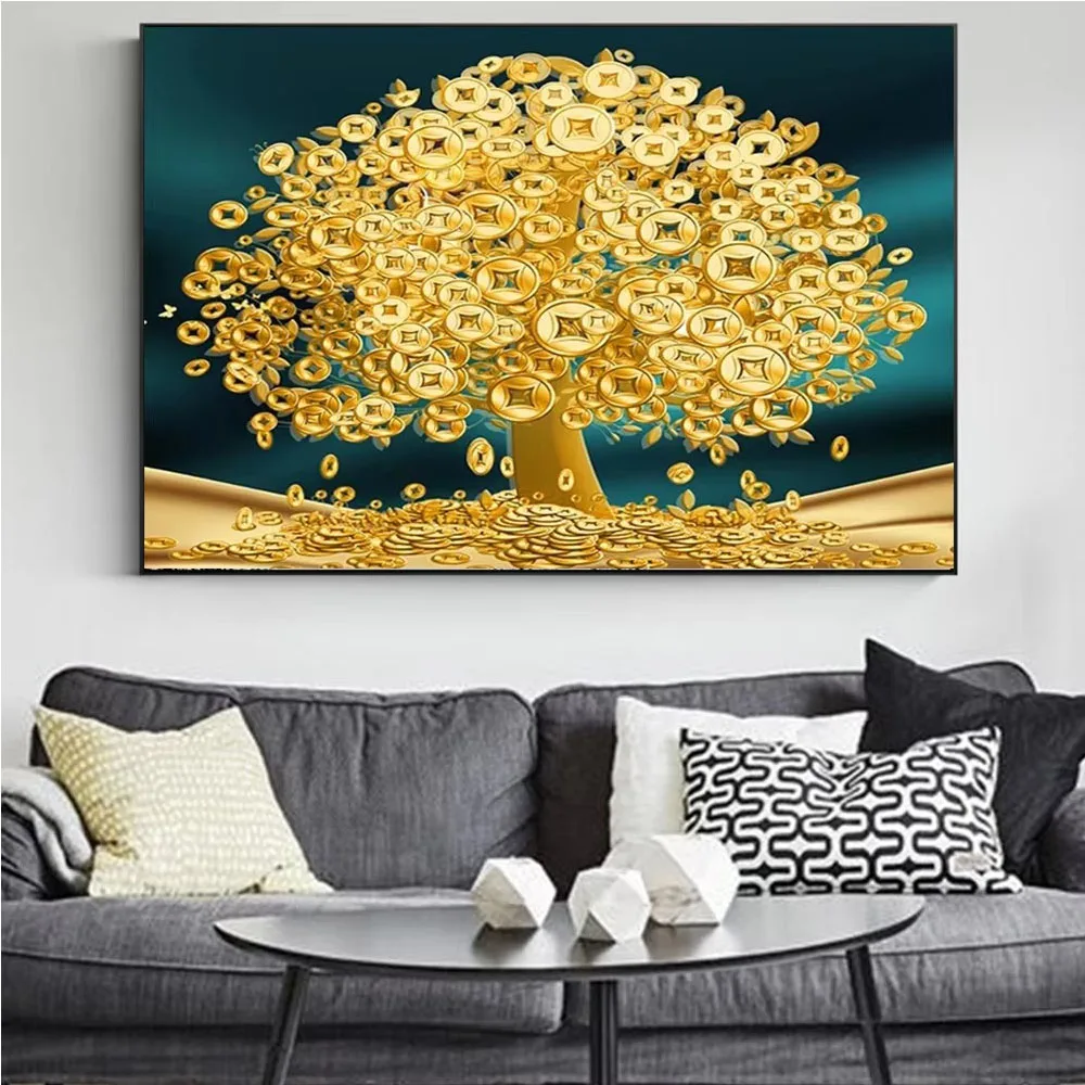 Abstract Luxury Lucky Gold Tree Mosaic Diy Diamond Painting For Living Room Home Decor Modern Rich Money Tree Wall Art Full Dril