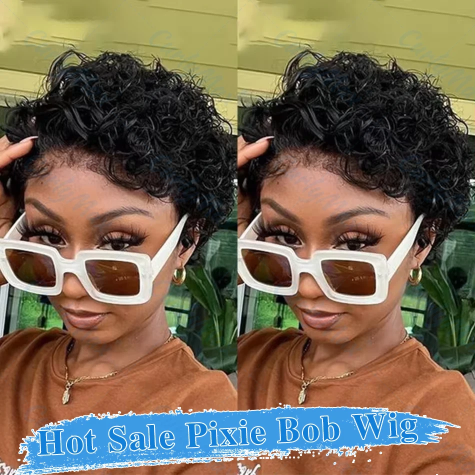 Brazilian Pixie Cut Wig Short Bob Jeery Curly Human Hair Wigs Preplucked Hairline 13X1 HD Transparent Lace Frontal Wig For Women