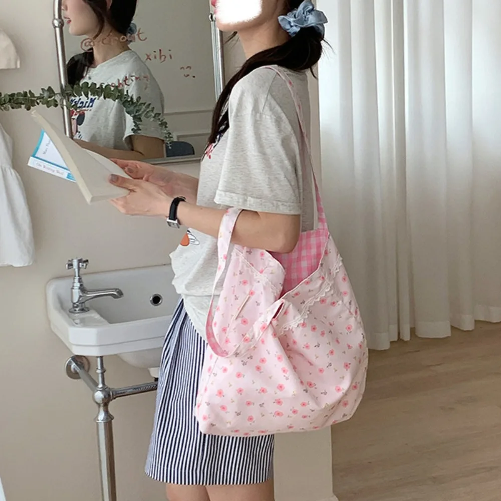 Pink Floral Canvas Shoulder Bag Handbag Korean Travel Beach Bag Double-sided Shopping Totes Bag Girl Lace Underarm Bag