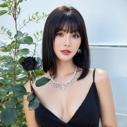 Black synthetic wig with straight bangs short straight hair full head set hair end cut Bob high temperature silk full wig