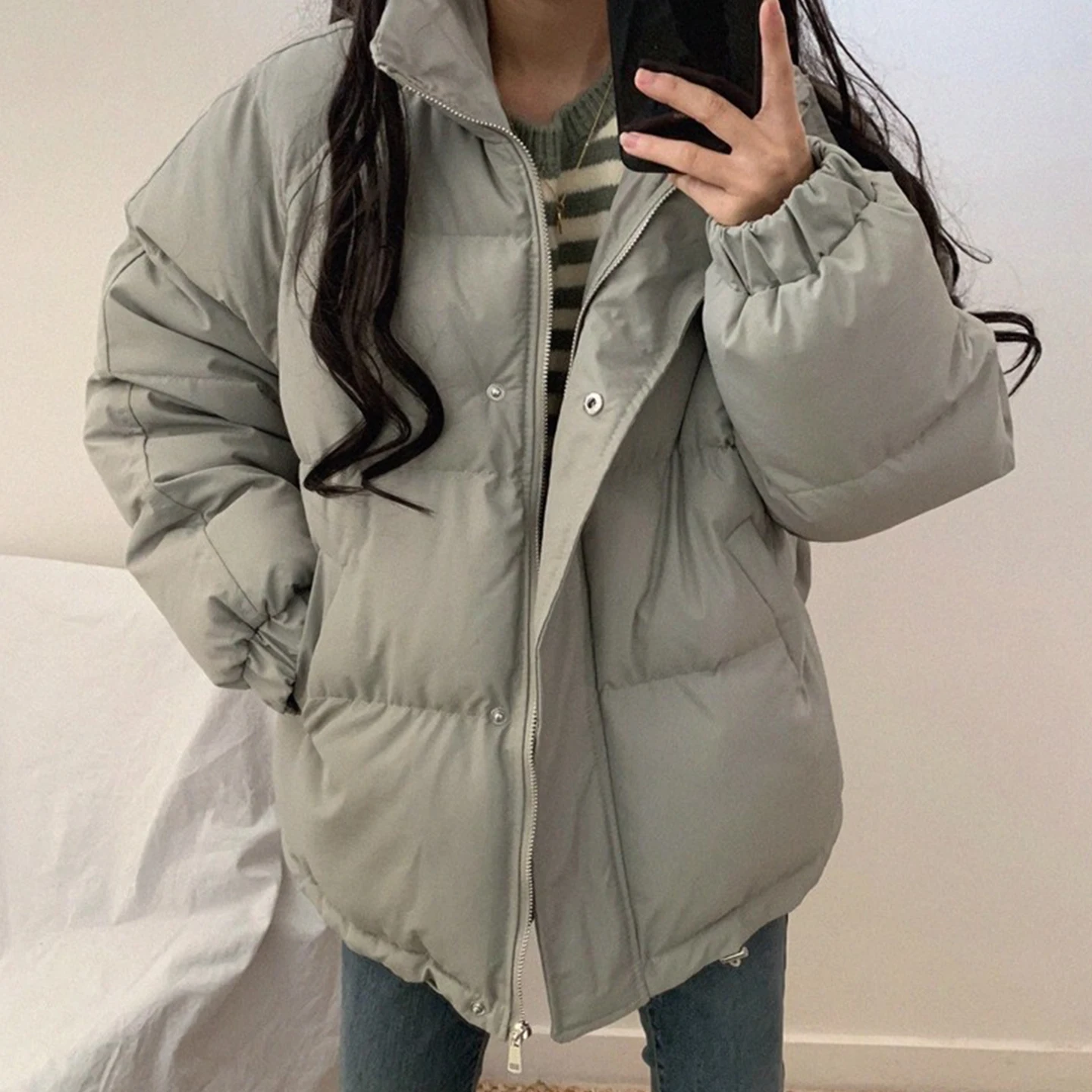 Damska zimowa kurtka w stylu retro z kołnierzem stójką, wykonana z bawełny, nowa, uniwersalna, zapinana na zamek, luźny krój w stylu koreańskim.