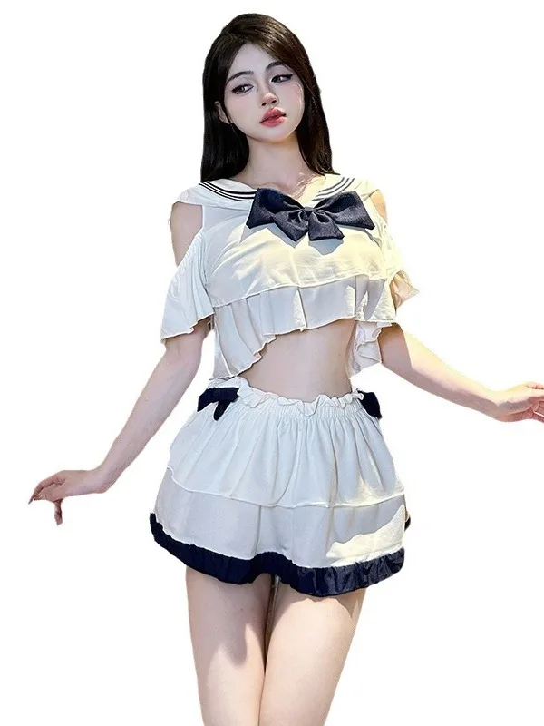 Lingerie Sexy Campus Pure Desire Student Uniform Small Chest Sailor Suit Sets White V-neck Top Skin Friendly Fabric Comfort GY4Z