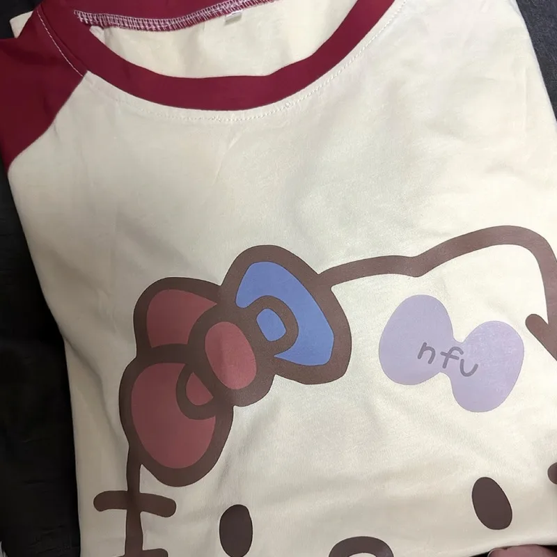 New Sanrio Hello Kitty T-shirt Women Y2k Short Sleeve Tops Summer Korean Fashion Contrasting Tees Cartoon Clothing Trendy 2024