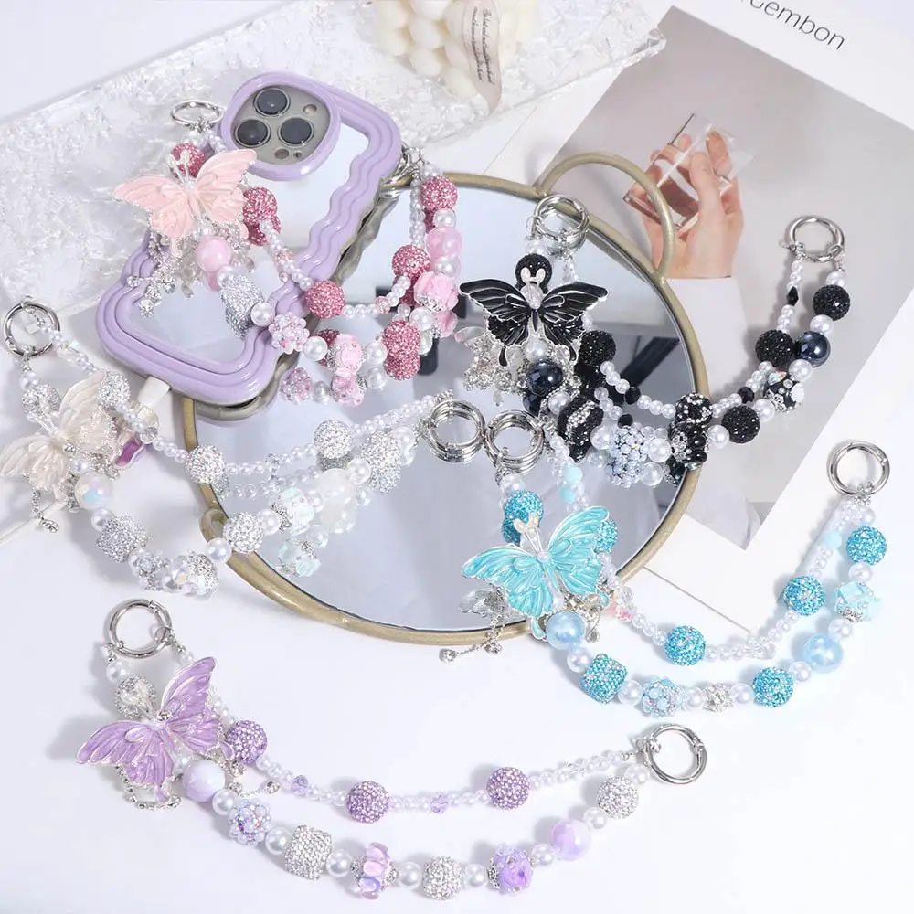 

Glitter Rhinestone Phone Chain Pearl Double Layer Butterfly Key Chain Tassel Handheld Beads Bag Pendant Mobile Phone Pendant