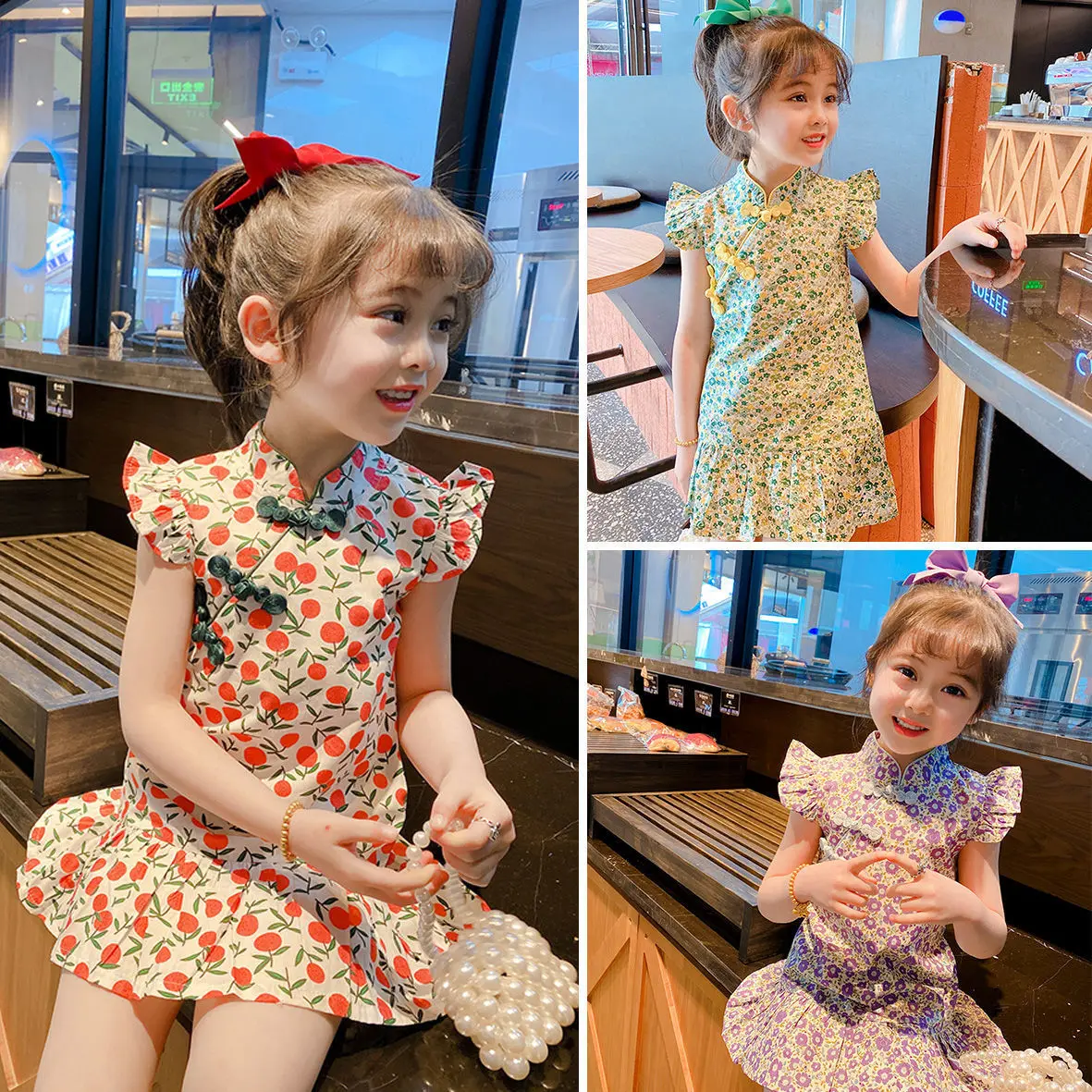 Summer Baby Girl Choengsam Dress Chinese Style Hanfu Retro Print Princess Dress Ruffle Sleeve Flower Print Kid Dress Qipao A1240