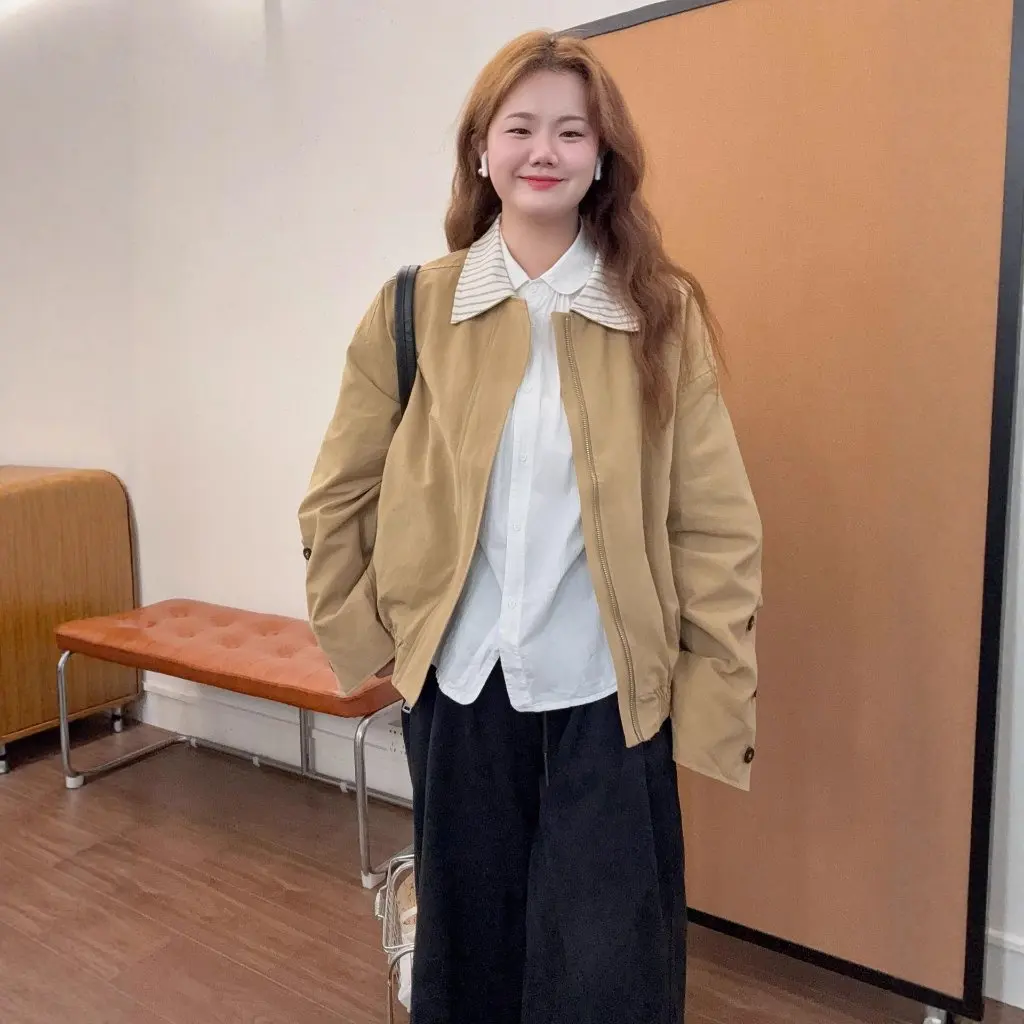 

Retro Japanese Style Khaki Casual Long Sleeve Turn-down Collar Women's Jacket Fake Two-piece Light Outerwear