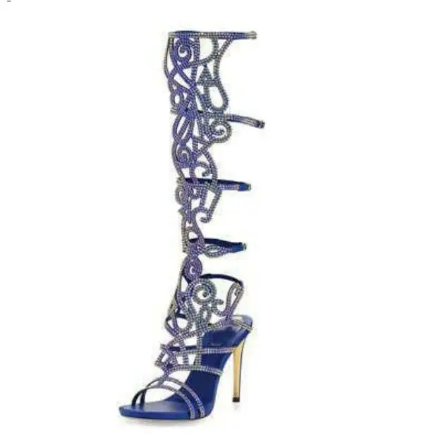 Bling Rhinestone Drilled Carve Out Knee Sandals Boots Woman High Heel Crystal Hollow Summer Long Boots Mujer Slingbacks Boots