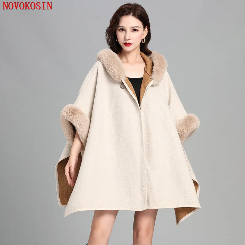 10 Colors Winter Warm Cashmere Thick Batwing Sleeves Poncho Cloak Women Faux Rabbit Fur Horn Buckle Streetwear Coat With Hat