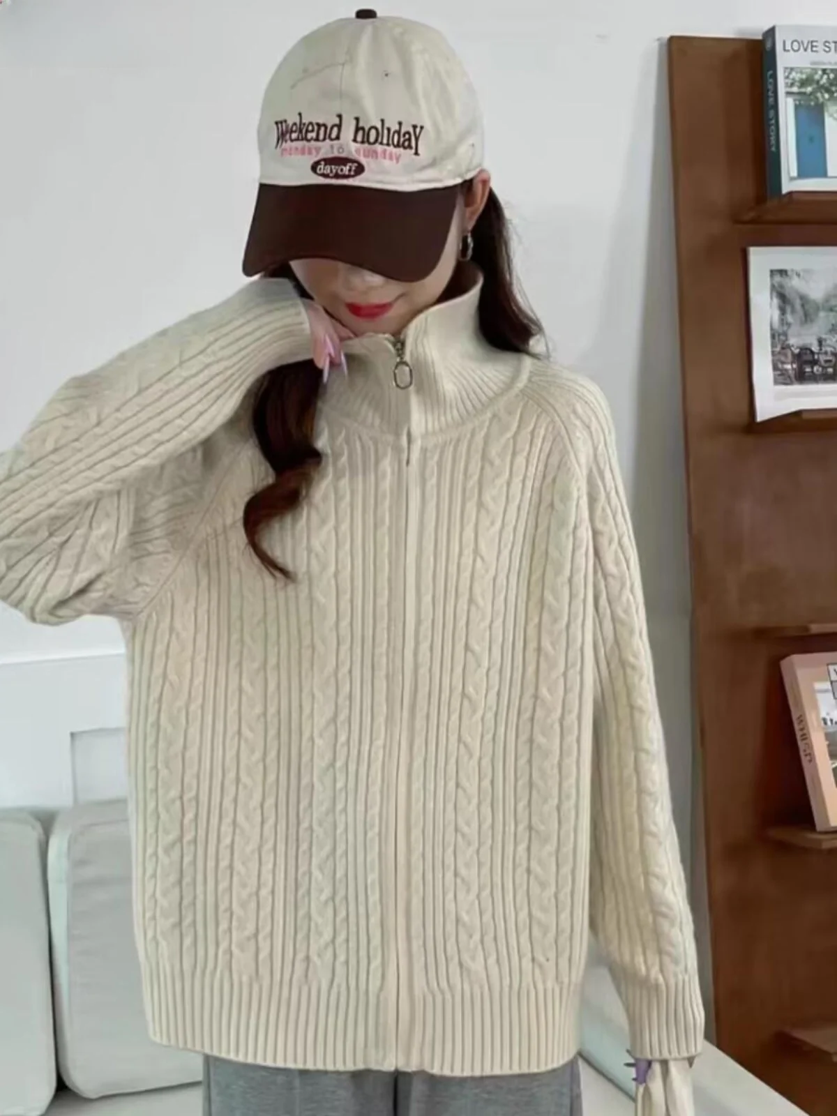 

Casual Knitted Woolen Open Cardigan Loose Fit Faionable Korean Sle Warm Top Pure Color Stand Collar Long Sve Sweater