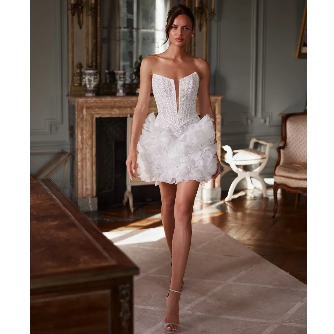 Elegant Bridal Short Wedding Dresses Sequins Bustier Corset Midi Dress 3D Flowers Engagement Gowns robe de mariée Customized
