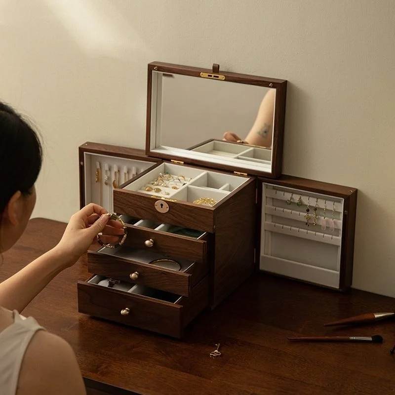 Drawer Jewelry Organizer Box Large Capacity Earrings Storages Boxes Wooden Ring Storage Case Women Necklace Collection Cases