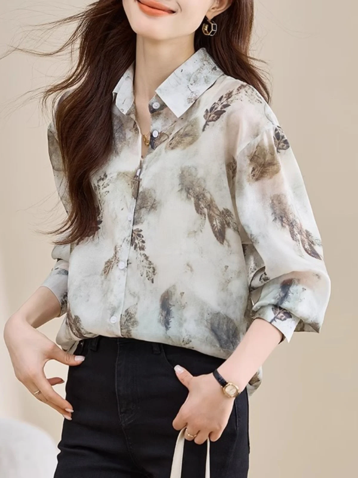 

Elegant Printed Long Sleeve Collar Shirt Women's Casual Slim Fit Spring Autumn New Style Ladies Top Polyester Fiber